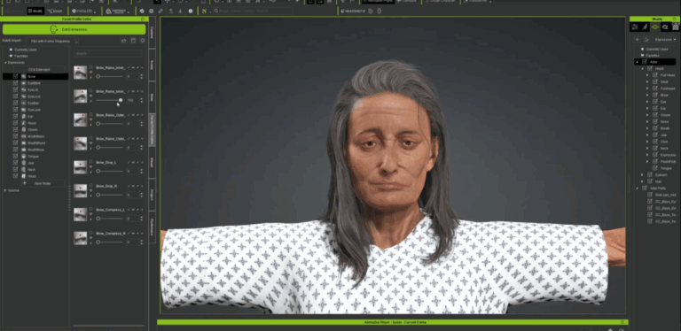 A screenshot of the Character Creator 4 program interface, featuring a female medical patient with facial signs of a stroke.