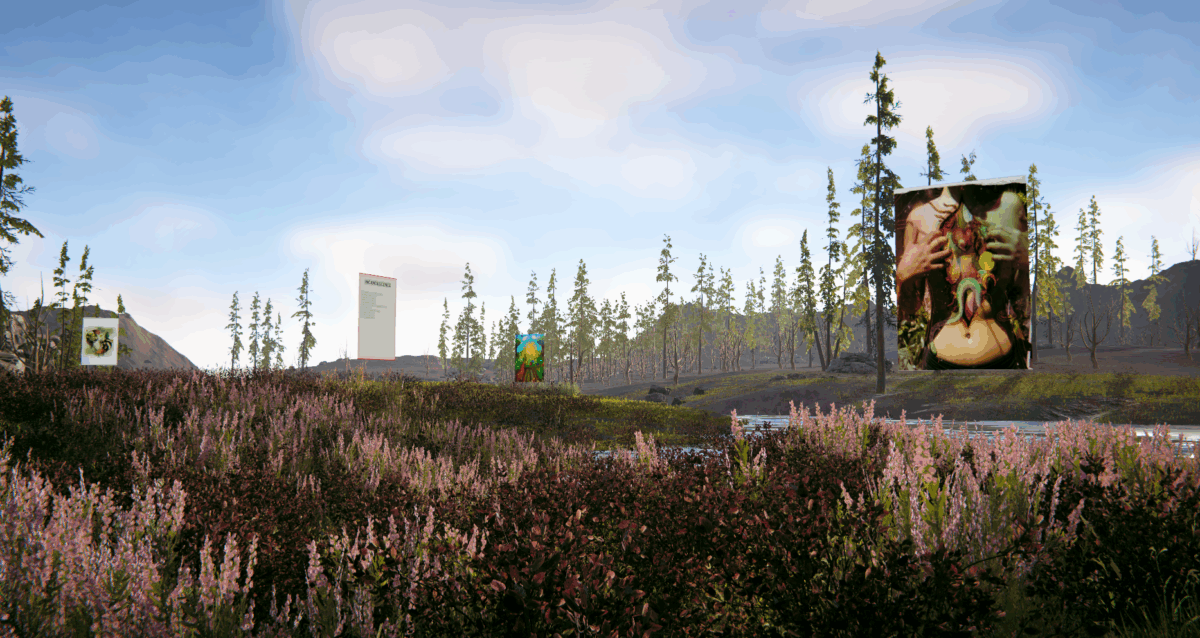 realistic utopian scene, with flourishing nature, featuring floating flashcards centered around eco-consciousness